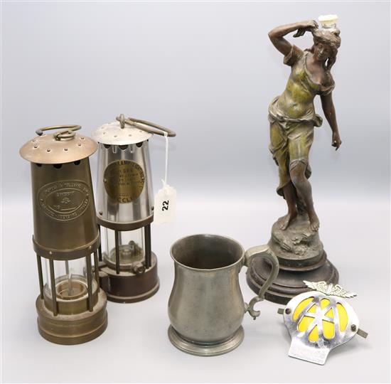 2 miners lamps, Spelter figure, AA badge and pewter mug